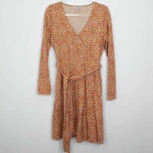 Toad & Co Womens Ditsy Floral Wrap Dress Long Sleeve Belted Orange Yellow Size M
